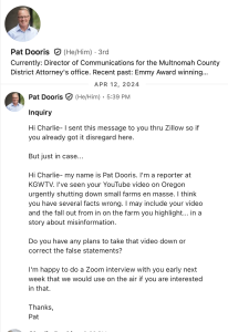LinkedIn message from KGW reporter Pat Dooris to Charlie Rankin on April 12, 2024, saying KGW was preparing a misinformation story and requesting an interview.