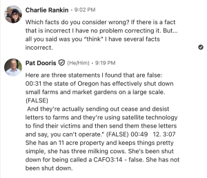 LinkedIn exchange on April 12, 2024, in which Charlie Rankin asks KGW to identify disputed facts and Pat Dooris lists three statements he considered false.