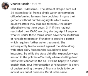 Charlie Rankin’s April 12, 2024 LinkedIn response discussing the 24 water-use letters, practical farm shutdowns and the approaching dairy CAFO enforcement date.