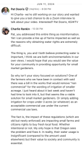 June 11, 2024 LinkedIn exchange in which KGW again requests an interview and Charlie Rankin offers affected-farm sources and proposes reporting on policy solutions.